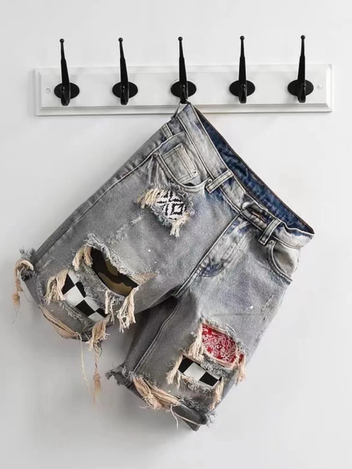 Summer Thin Denim Patchwork Hole Short Jeans Men's Trendy Loose Straight Five-Quarter Pants Poor-Me Pants Mid-Waist Jeans