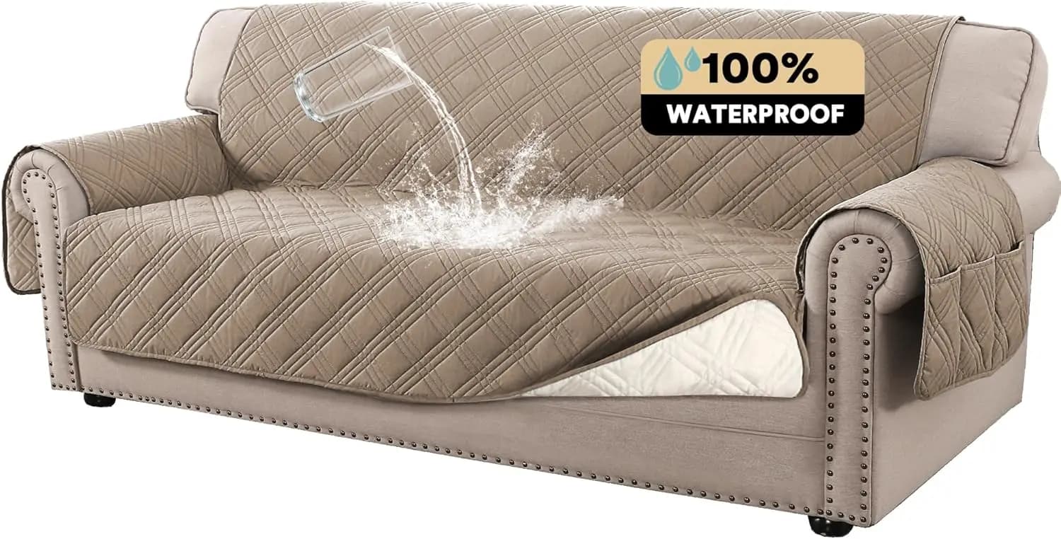 Copridivano Impermeabile per Divano a 3 Cuscini, Protezione Antiscivolo per Mobili Adatta agli Animali Domestici con Cinghie Elastiche, Lavabile, Color Tortora (68")