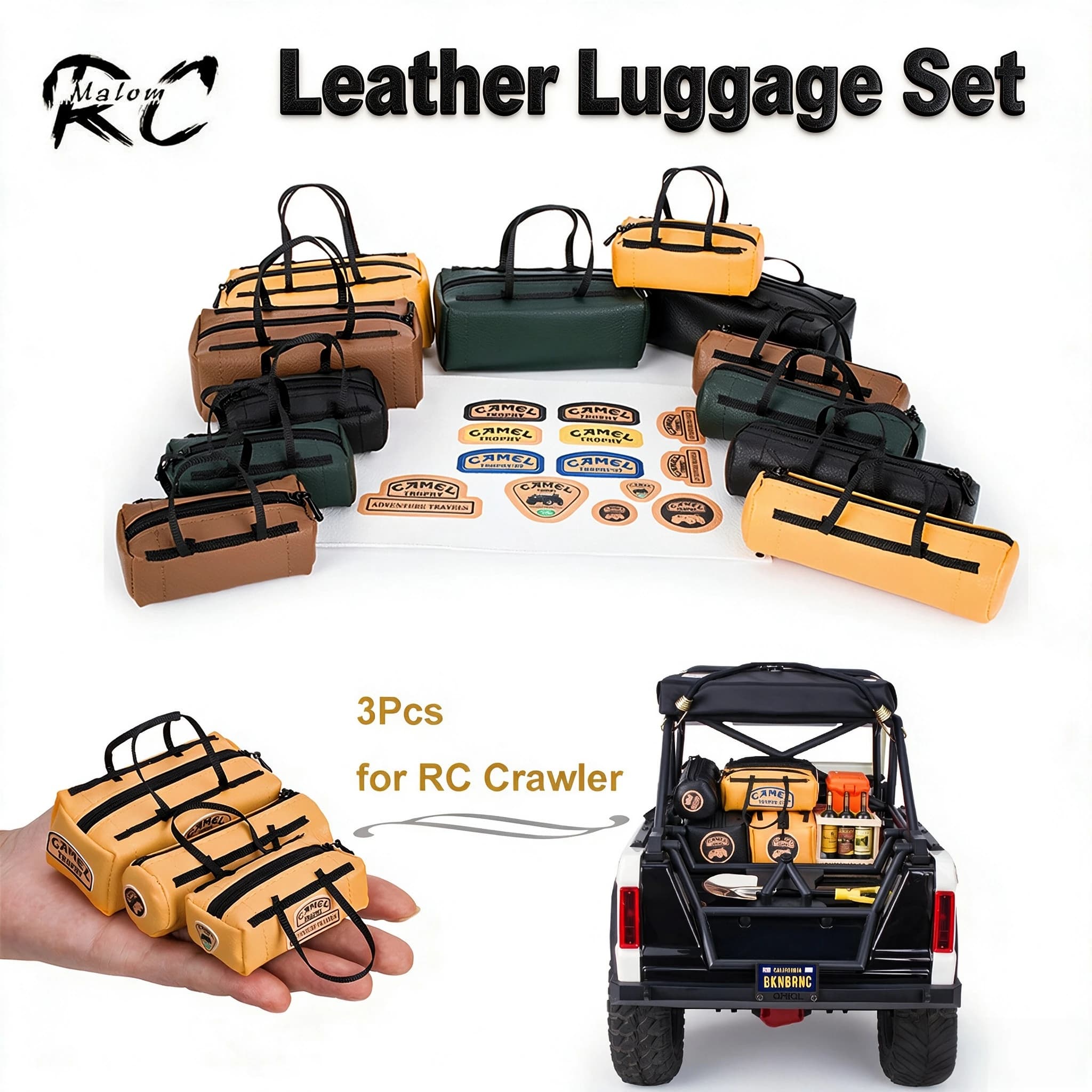 3PCS Leather Travel Bag Set for 1/10 SCX10 TRX4 D90 Crawler – Scale Roof Rack Luggage Accessories