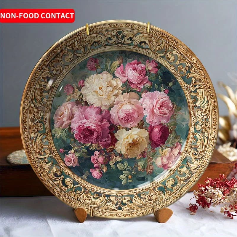 Piatto decorativo in ceramica con rose dorate in stile vittoriano - Decorazione da parete, adatto per famiglie, soggiorni e uffici