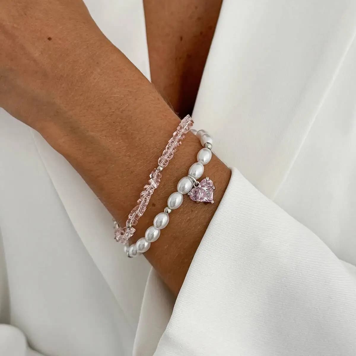 2 pezzi/set eleganti braccialetti a catena in cristallo con perla imitazione per le donne regalo di gioielli con braccialetto con ciondolo a forma di cuore con strass scintillanti