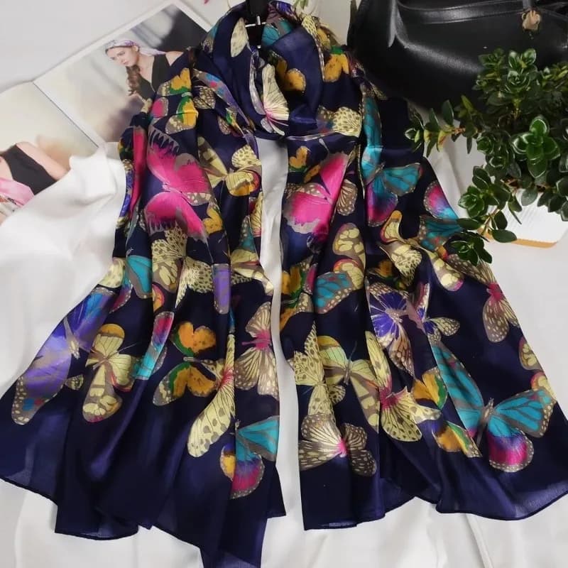 Lightweight 100% Mulberry Silk Scarf for Women Oblong Shawl Neck Scarf Beach Wrap Headscarf Gift Pack Purple Butterfly Print