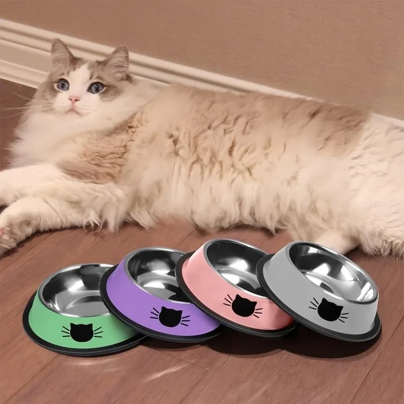 Ciotole per Animali Domestici a Forma di Gatto, Ciotole in Acciaio Inox per Cani con Fondo Antiscivolo, Piatto per Cibo per Gatti per Uso Interno ed Esterno, Vassoio per Alimentazione Animali
