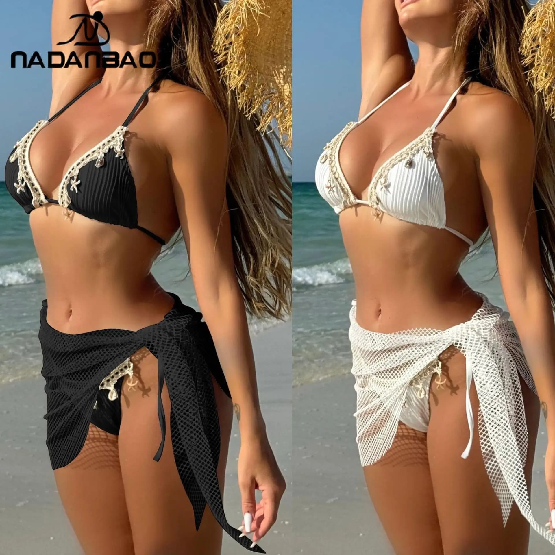 Nadanbao Moda Donna Stella marina Nappa Bikini a tre pezzi Set Maglia trasparente Gonna corta Costumi da bagno Costume da bagno sexy a triangolo da spiaggia