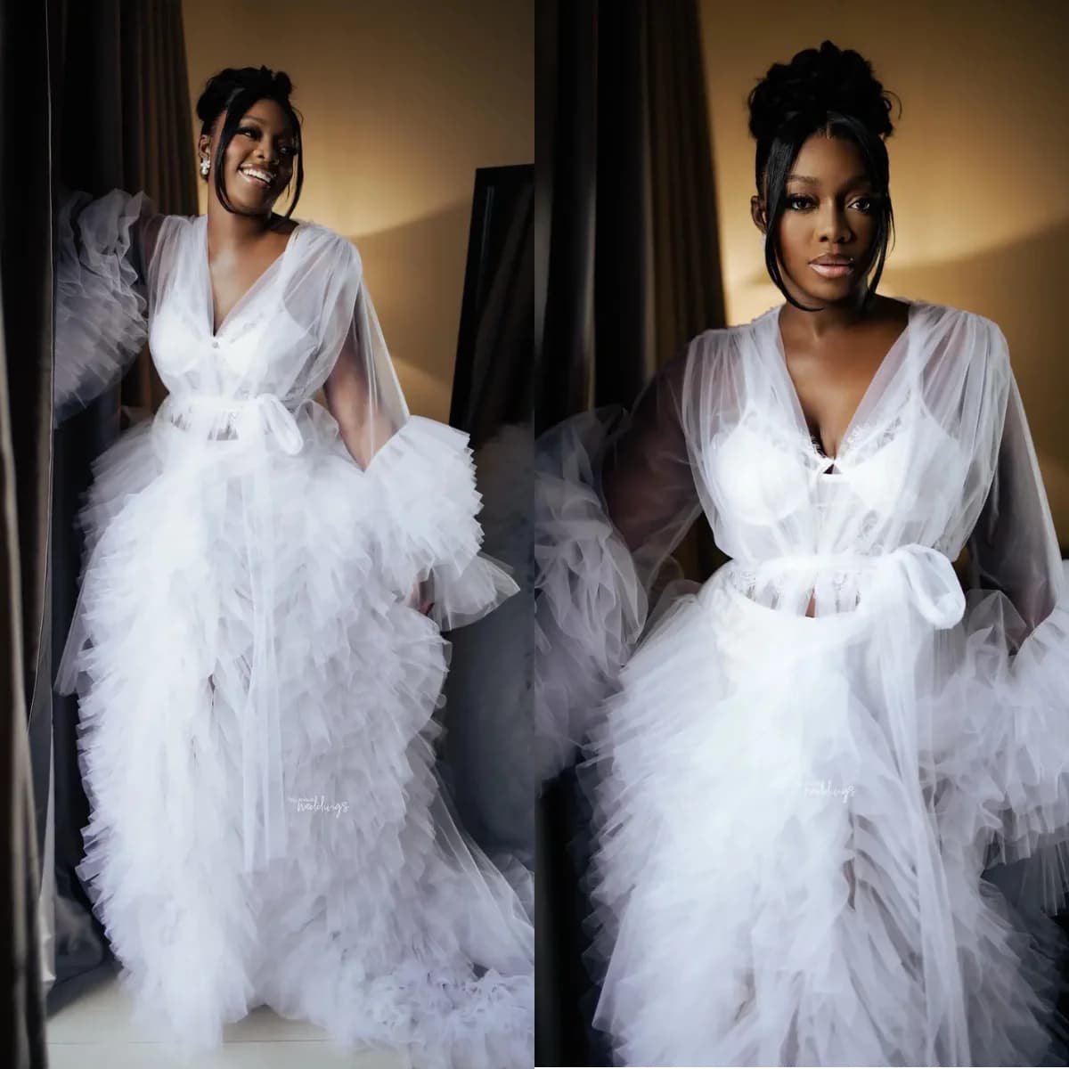 White Wedding Dress with Volant Inflated Bridal Dress Maxi Bridal Dress Lingerie Women's Dresses Custom Layered Tulle Dress