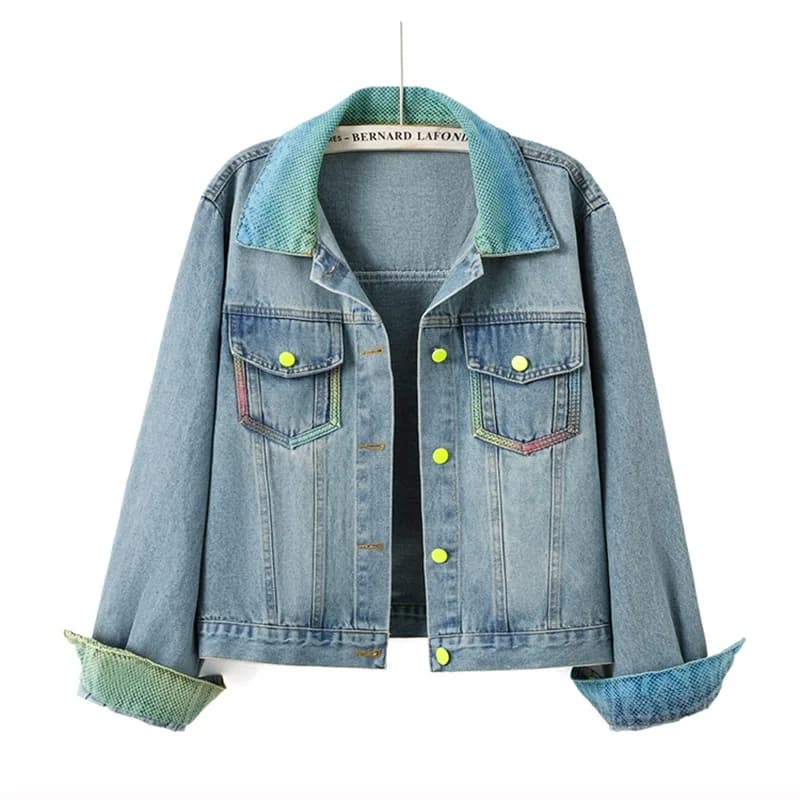 Autumn Fashion Gradual Contrast Color Denim Jacket Women Blue Short Cowboy Coat Casual Lapel Long Sleeve Female Jeans Jacket