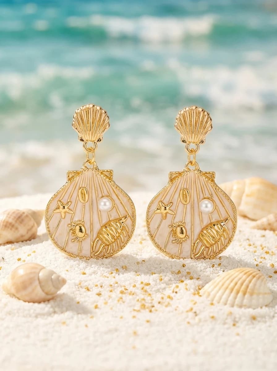 Enamel Shell Starfish Faux Pearl Drop Earrings Ocean Theme Beach Vacation Dangle Earrings Jewelry