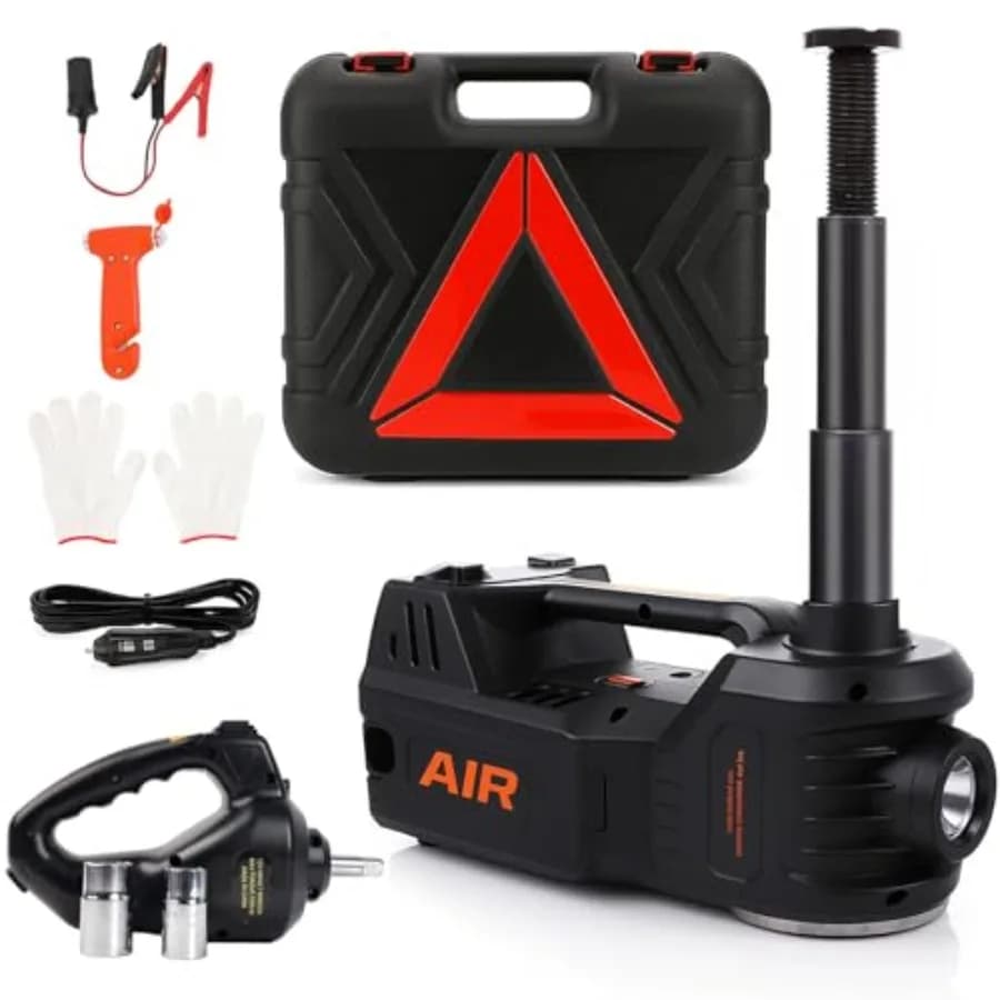 Kit Sollevatore Elettrico per Auto 5 Tonnellate 12V Idraulico con Chiave a Impatto e Pompa Gonfiagomme, Sollevatore con Luce LED per SUV