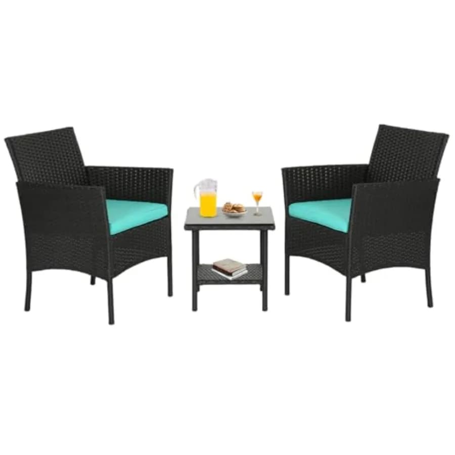FDW Exterior Furniture Set in 3 Pieces, Patio Vimini Chairs, Bistrot Conversation Set with 2 Rattan Chairs and Blue Cushions