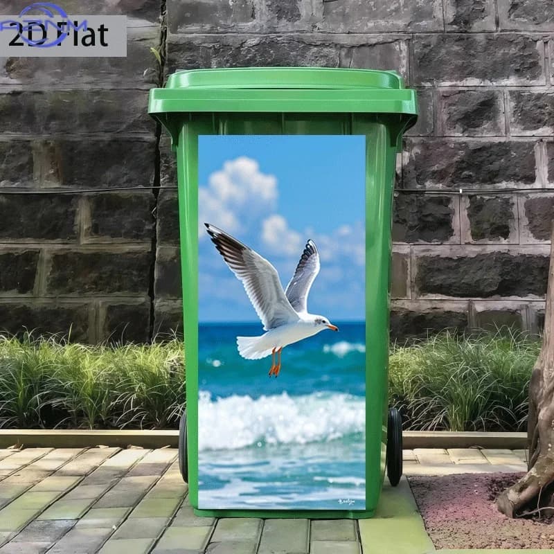 Trash Can Sticker "Seagulls Soaring Over the Blue Ocean" Themed Design, Self-Adhesive Wall Decal Wallpaper, Kitchen Trash Can