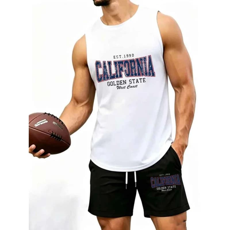 Set da uomo con stampa "California Golden State EST.1990", composto da canotta senza maniche e pantaloncini, stile casual della costa occidentale.