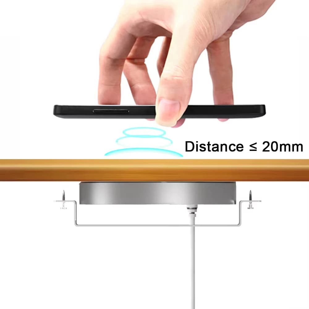 Caricabatterie wireless QI 20mm AirSpace Caricabatterie integrato in alluminio senza trapano per iPhone 13-15 Caricabatterie wireless nascosto Android integrato