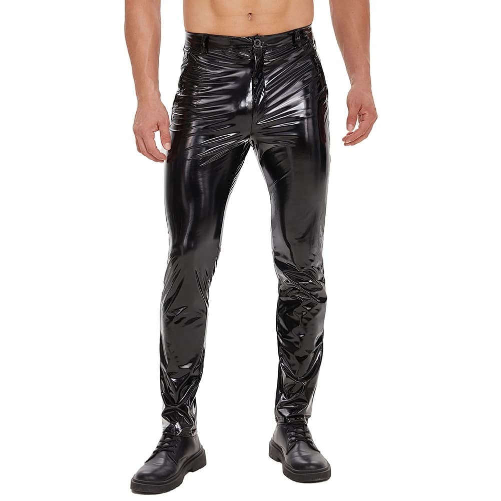 Pantaloni in Pelle con Zip per Uomo, Casual, a Gamba Dritta, Comodi, Lucidi, Elasticizzati, Modellanti, Slim Fit