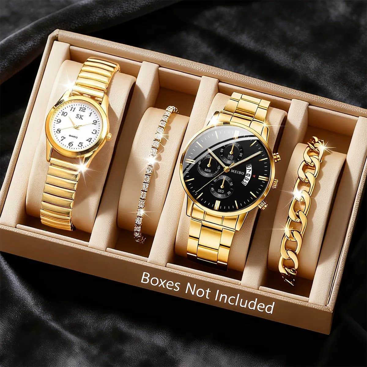 Set of 4 fashionable wrist watches for couples, stylish quartz women's watches with Arabic dial, stainless steel men's wristwatch with calendar (without box)