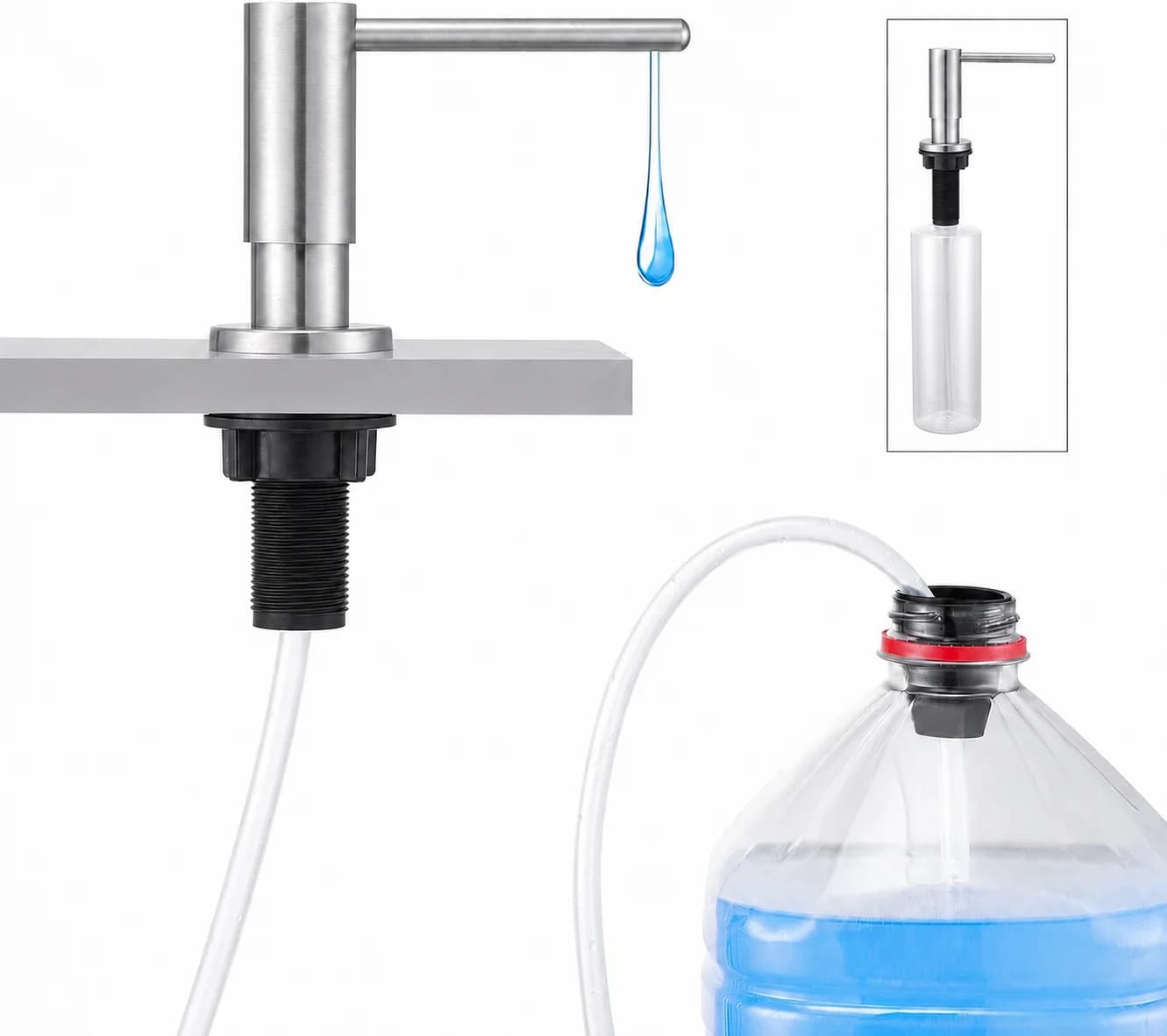 Dispenser di Sapone da Lavello in Acciaio Inox Premium, Pompa Integrata da Banco, Dispenser di Sapone Liquido Ricaricabile Resistente