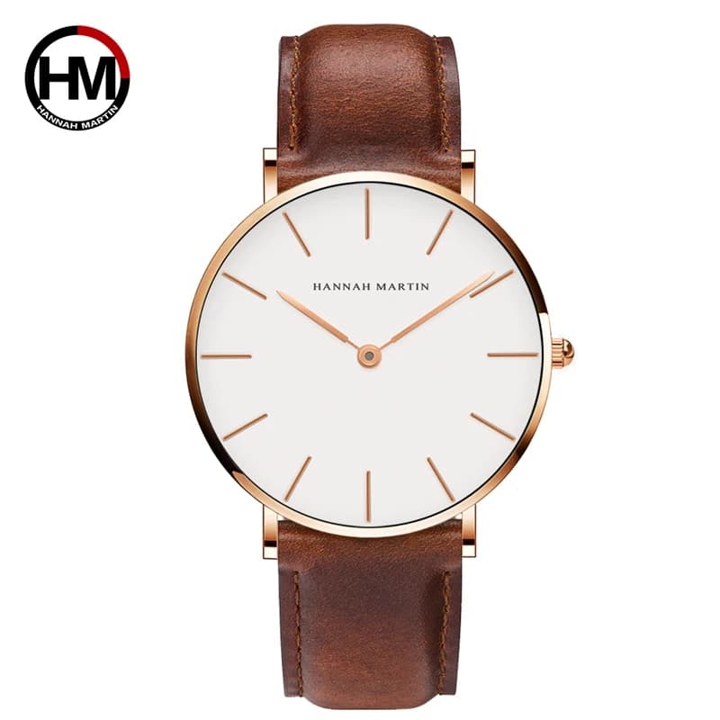 Hannah Martin Brand Fashion Giappone Orologi da polso al quarzo Orologio da uomo in pelle marrone argento Orologio da uomo impermeabile Casual