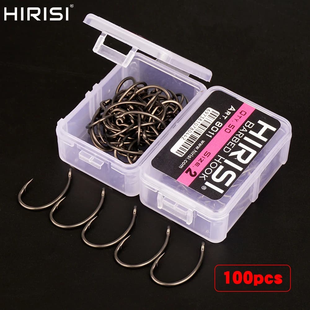 Hirisi 100 pezzi di rivestimento in acciaio inossidabile ad alto tenore di carbonio ganci spinati ami da pesca alla carpa confezione 8011 con scatola giuntabile