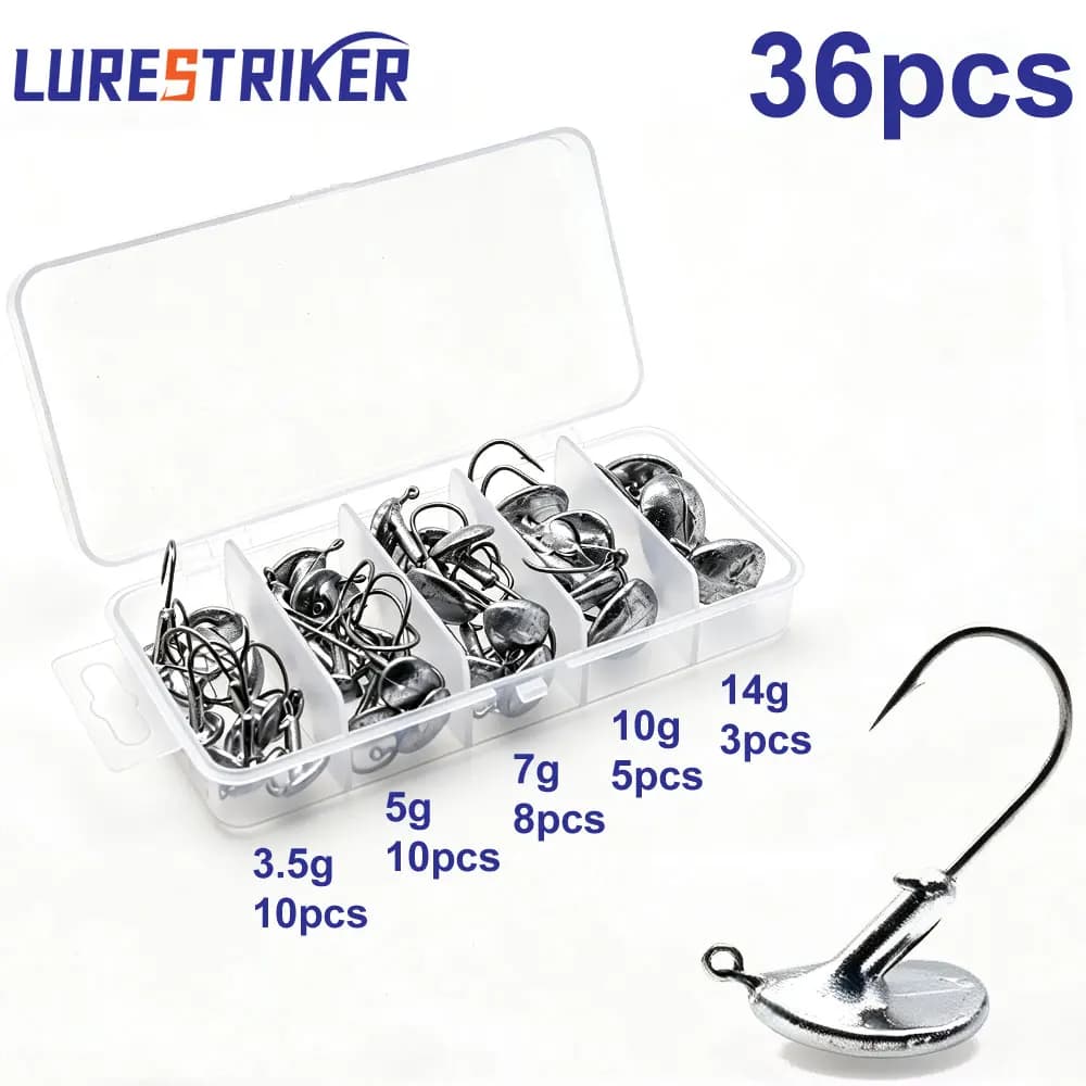 36pcs/box 3.5g/5g/7g/10g/14g Tumbler Head Hook Jig Bait Fishing Hook For Soft Lure Fishing Tackle fishing tackle accessorie