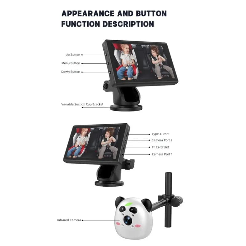A93P Monitor retrovisore Telecamera per auto per bambini da 5 pollici Doppia lente grandangolare per neonati Bambini Animali domestici Specchio per auto