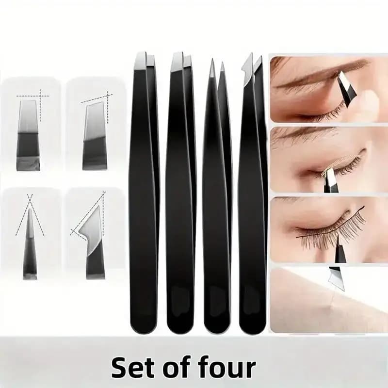 【M】4Pcs Stainless Steel Angled Tweezers Set For Removing Gray Hair Beard Eyebrows Beauty Tools