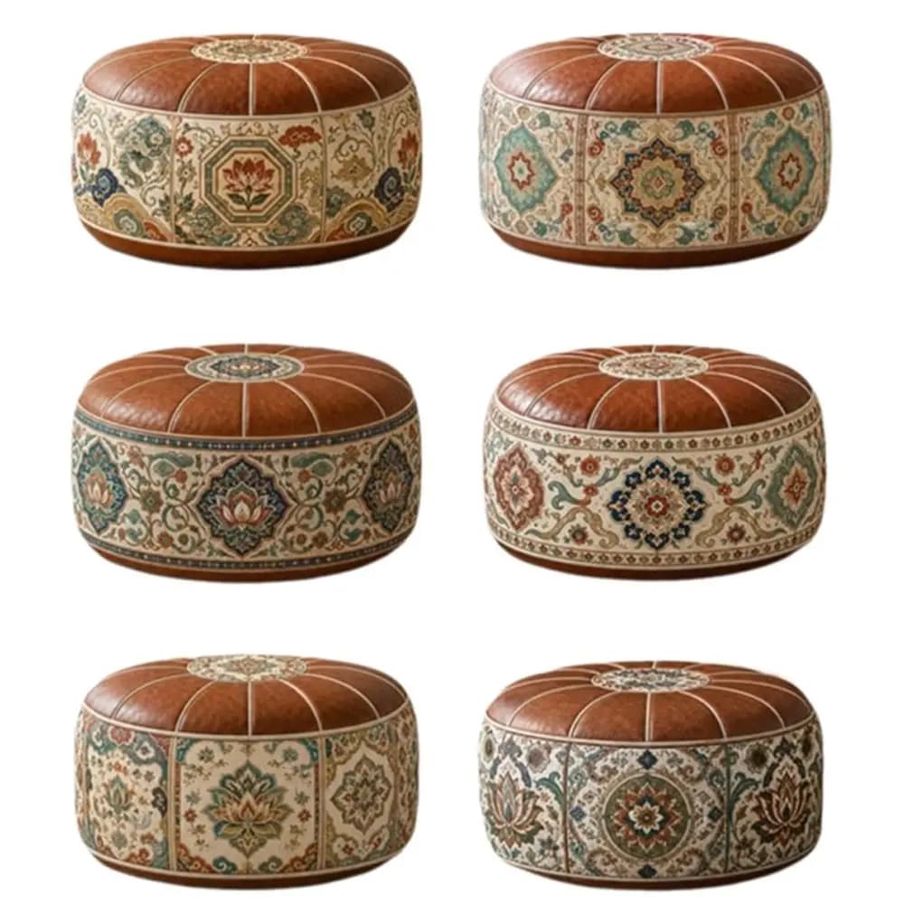 New PU Leather Ottoman Pouf Foldable Round Shape Storage Ottoman Fillable Boho Pattern Round Pouf Cover Living Room Use