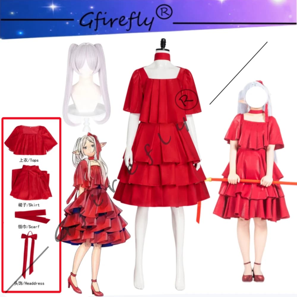 Costume Cosplay Frieren Beyond Journey's End con Abito Rosso Squisito, Parrucca e Accessori - Set Completo per Donna, Outfit per Halloween e Comic Con