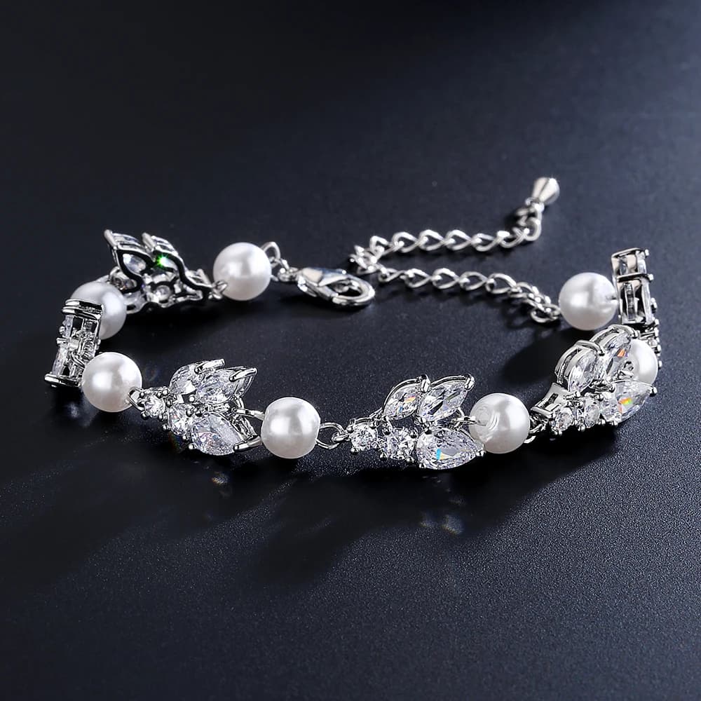 ZAKOL Bracciale con ciondoli di perle imitazione zirconi AAA lucidi di lusso per le donne, elegante regalo di gioielli da sposa