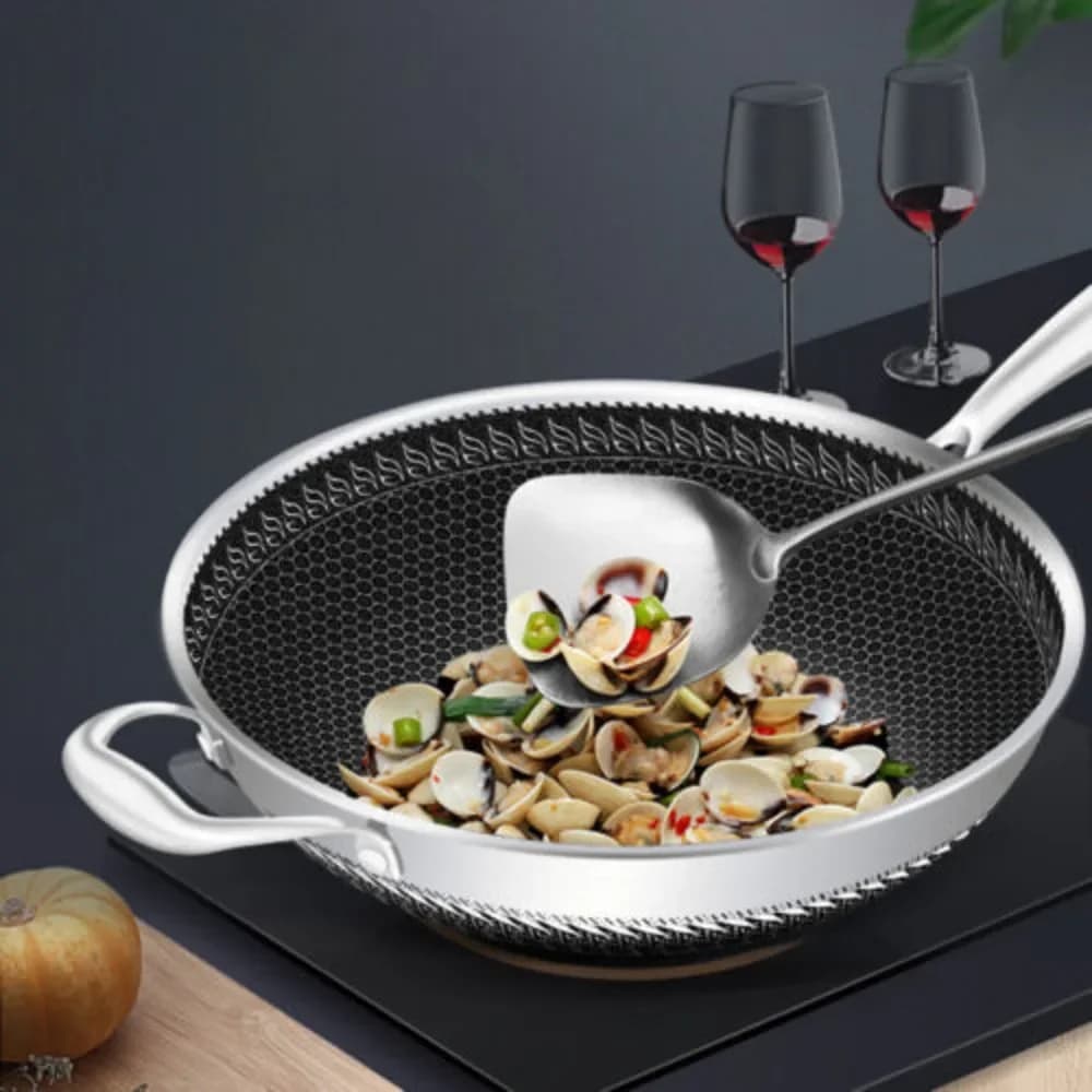 Bymaocar 34 cm Kitchen Wok Stainless steel kitchen pan with non-stick coating and glass lid for gas stove and induction cooker
