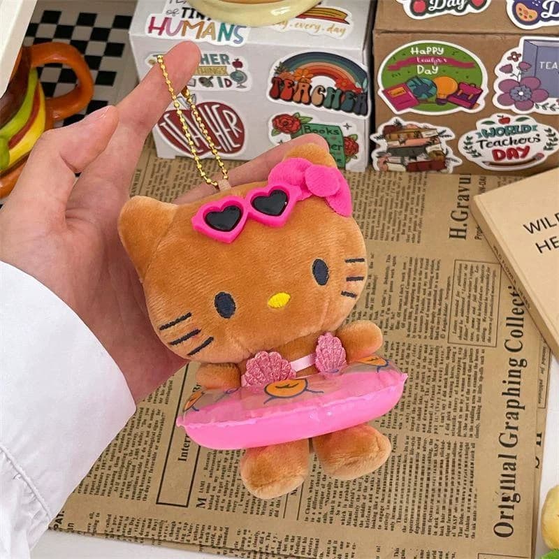 Popolare Anime Anello da nuoto in pelle nera Bambola di peluche Serie Hawaii Peluche Portachiavi Decorazione dello zaino Regalo del festival di una ragazza