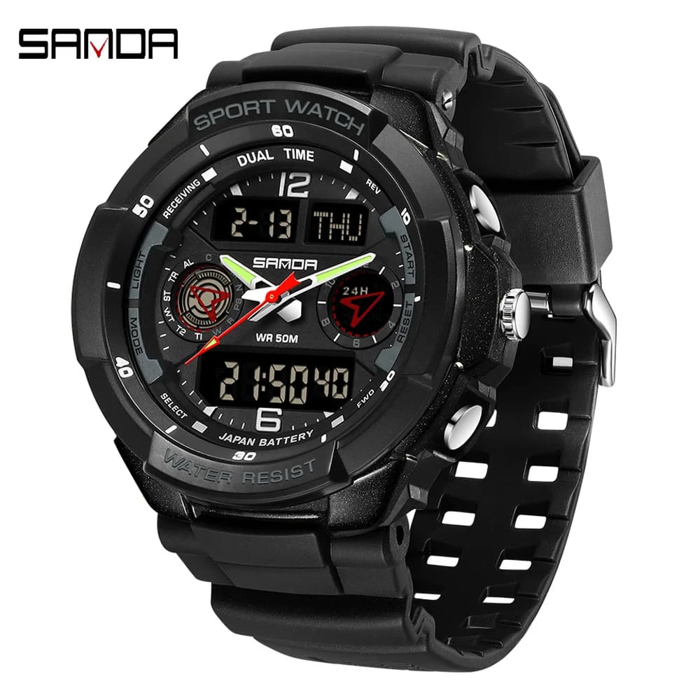 SANDA brand casual sports watches men's backlit 50M waterproof men's wake up double display man's wristwatch digital watch