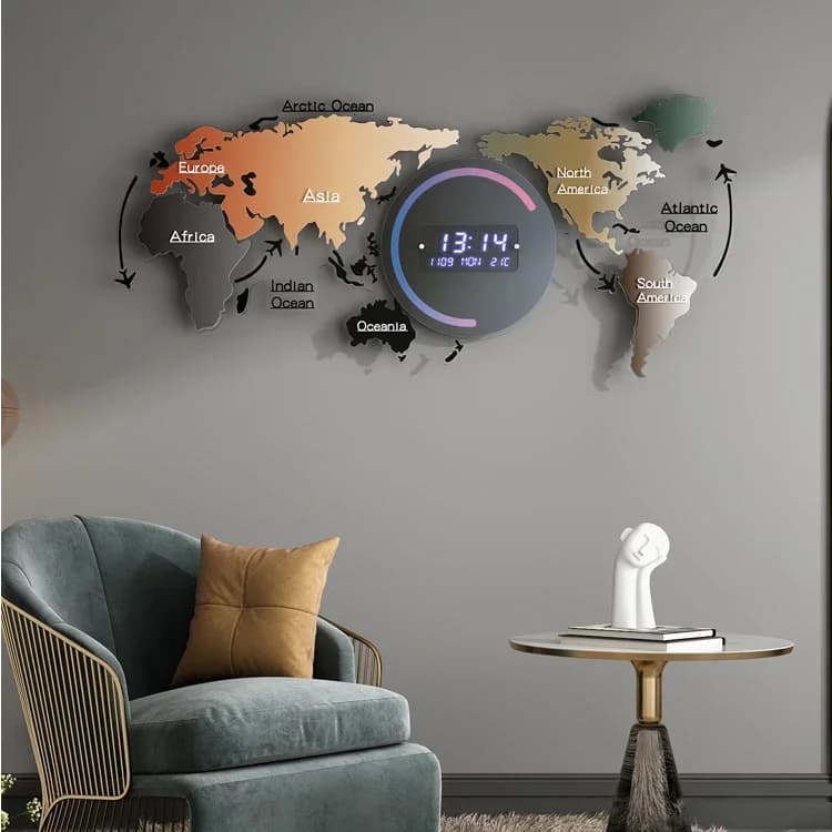 World Map Large Digital LED Wall Clock Electronic Modern Design Watch Calendar Thermometer Clocks Wall Home Decor Living Room