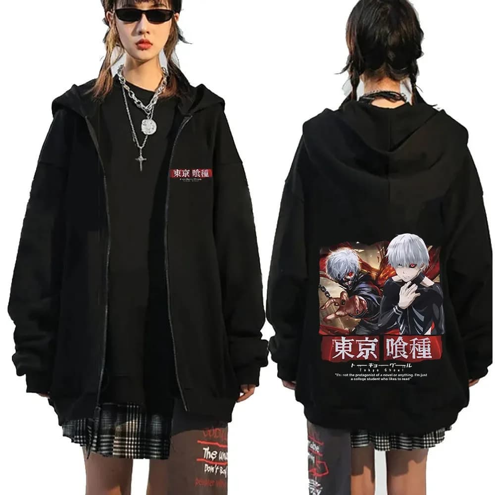 Anime Tokyo Ghoul Zip Up Hoodies Manga Kaneki Ken Graphic Zipper Sweatshirts Men's Hip Hop Vintage Oversized Hoody Jackets Coats