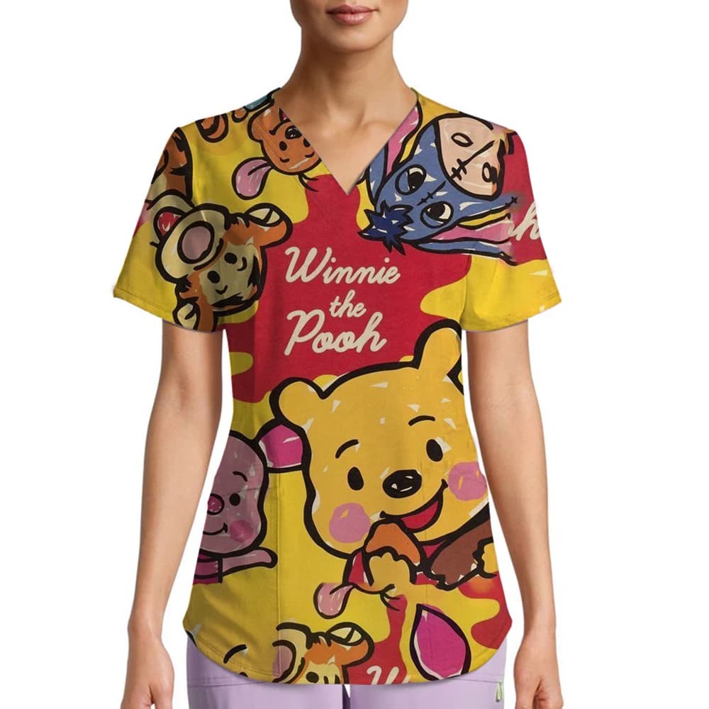 Disney Winnie The Pooh Uniforme da infermiera medica Jogger Scrubs Uniformi ospedaliere Scrub Nuove uniformi spa Donna Scollo a V Moda Top