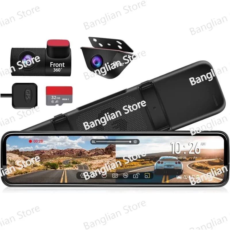 Dash Cam 12" mirror with detachable front camera, split screen Full Touch anti-reflective HD 1296P, rear view mirror for car C