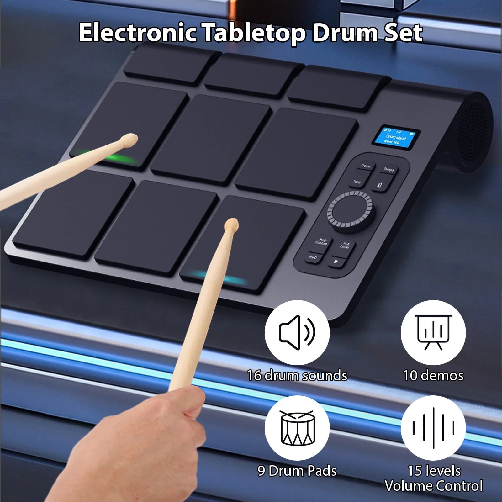 Electronic Tabletop Drum Set with 2 Speaker 9 Pads Color Lighting Supports BT MIDI Various Audio Connection LCD Display Adjustab