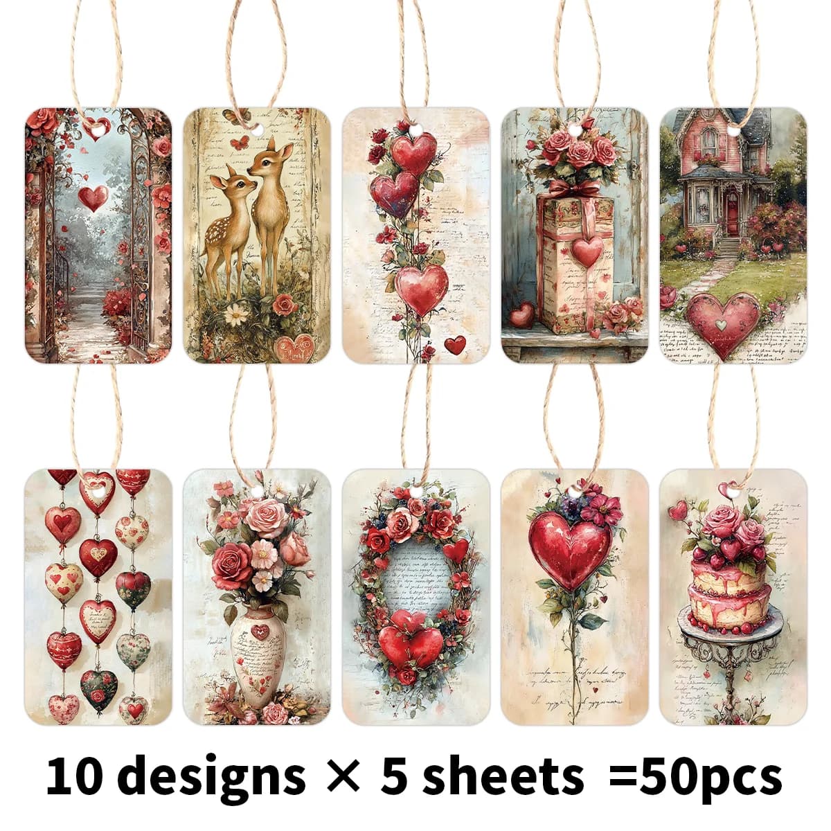 50pcs Vintage Memorial Hanging Tags With Hemp Rope,Decorative Cards For Valentine's Day,Wedding,Birthday,Anniversary,Party Favor