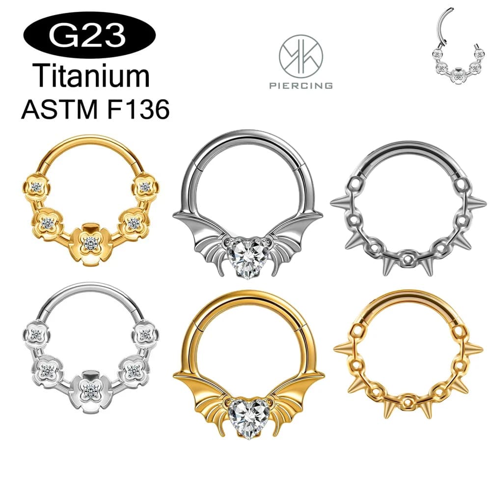G23 titanio piercing setto anelli del naso anelli fiore pipistrello cuore CZ 16G cerniera Clicker orecchio cartilagine Tragus corpo gioielli