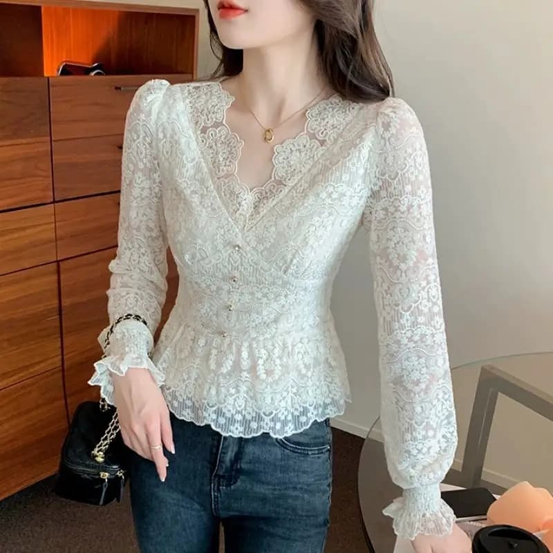 Elegant shirts with lace princess sleeves with buttons and V neckline Women'swear 2025 Spring New slim top in plain color All-match Chic shirts