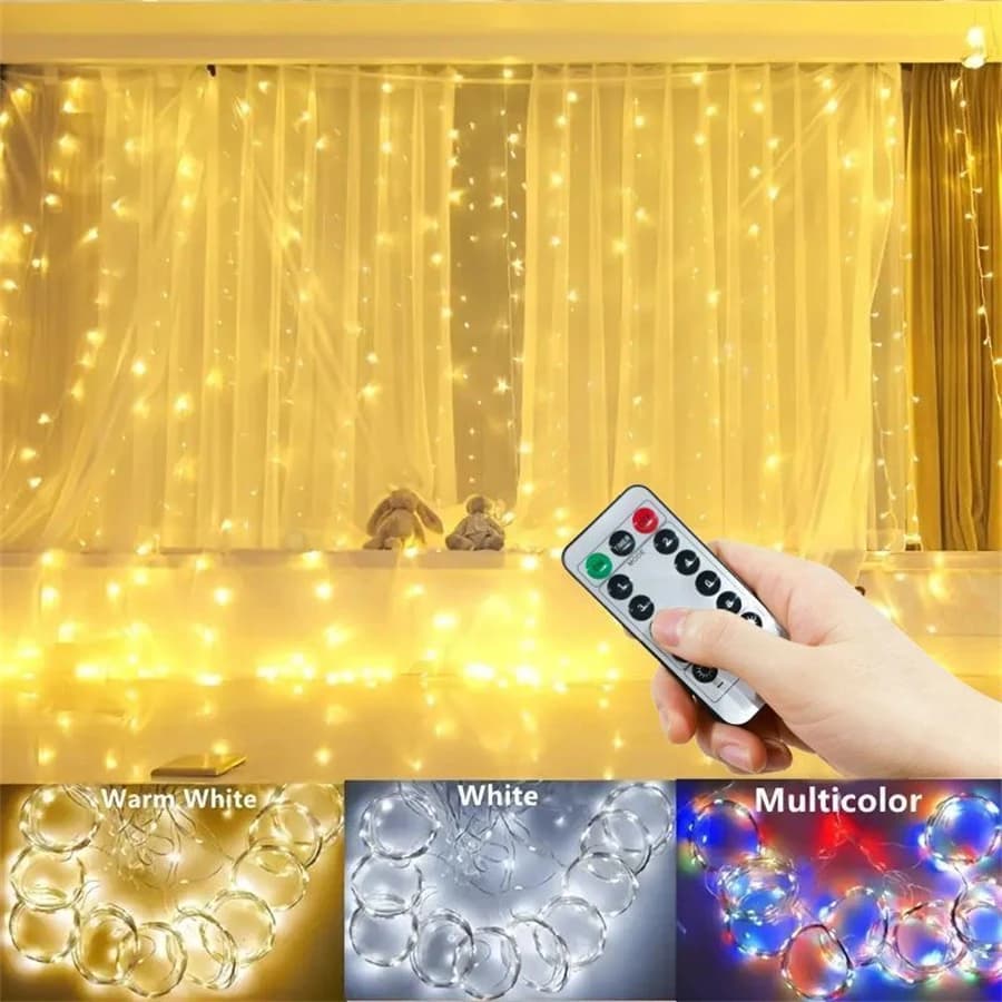 Luci LED a tenda con 8 modalità, Ghirlanda luminosa USB, Decorazione natalizia con telecomando per camera da letto, casa e giardino