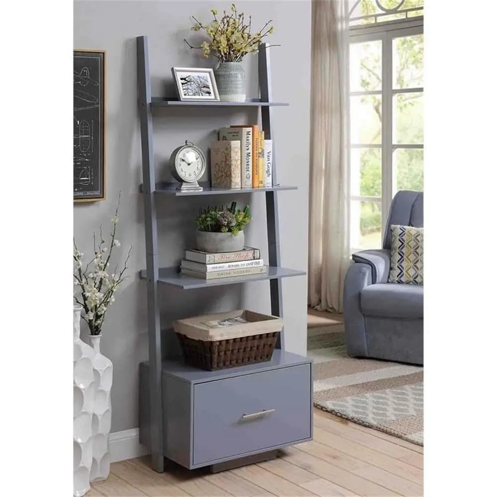 Ladder Bookcase with File Drawer, 69 in Gray Wood Finish, 4 Spacious Tiers, Concealed Storage Drawer, Durable Wood,, Customized