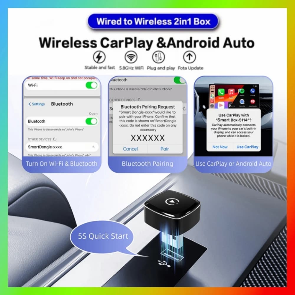 CarPlay Wireless Android Auto Adattatore Plug And Play Bluetooth WiFi Connessione automatica per Kia Audi Volvo Peugeot Opel Renault Jeep