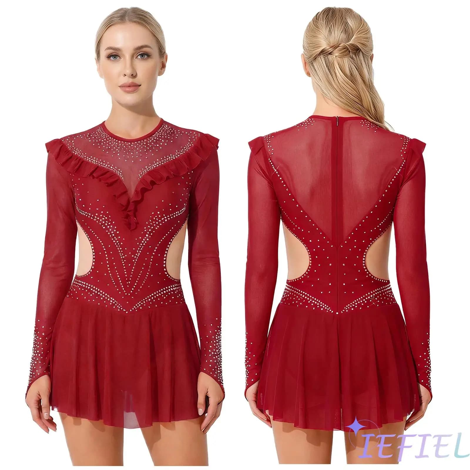 Abito da Competizione per Pattinaggio Artistico Femminile, Costume con Strass e Rete, Maniche Lunghe, Body Intero per Danza Latina e Balletto