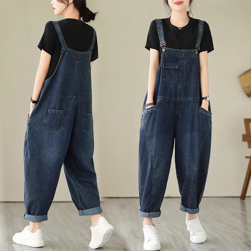 Allentato Jeans oversize pagliaccetto e tuta per le donne Vintage Streetwear gamba larga Cargo pantaloni larghi bretelle salopette in Denim