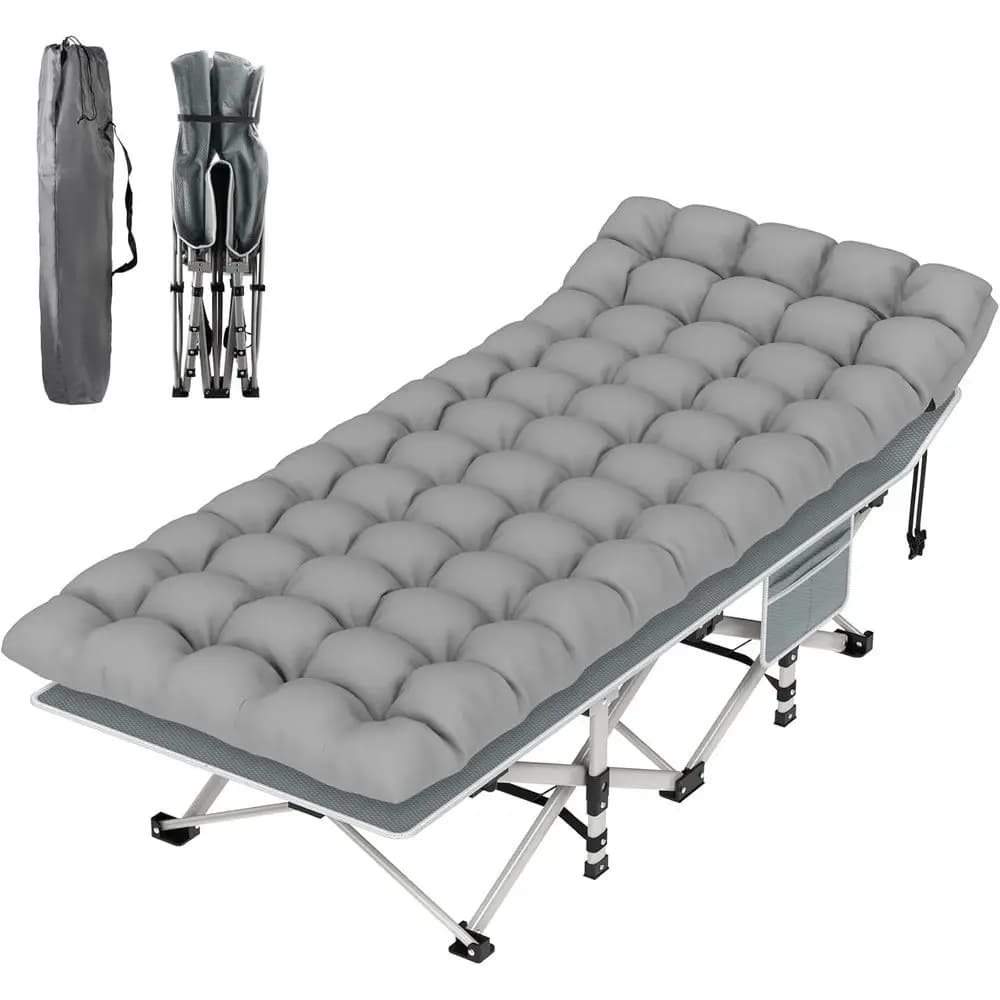 Camping cot, double layer portable cot for outdoor or camping with mattress and transport bag, for home, office, rest, beach, travel, 500 pounds, Grey