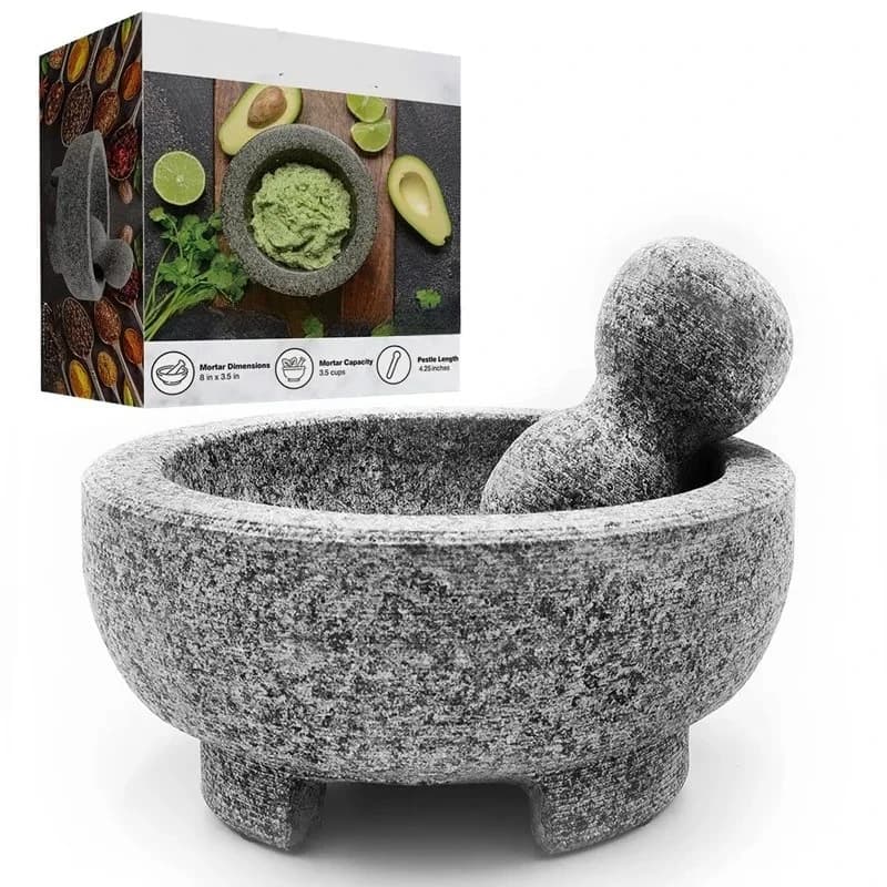 Granite Mortar And Pestle Set Guacamole Bowl 8 Inch Natural Stone Grinder for Spices Seasonings Pastes Pestos and Guacamole