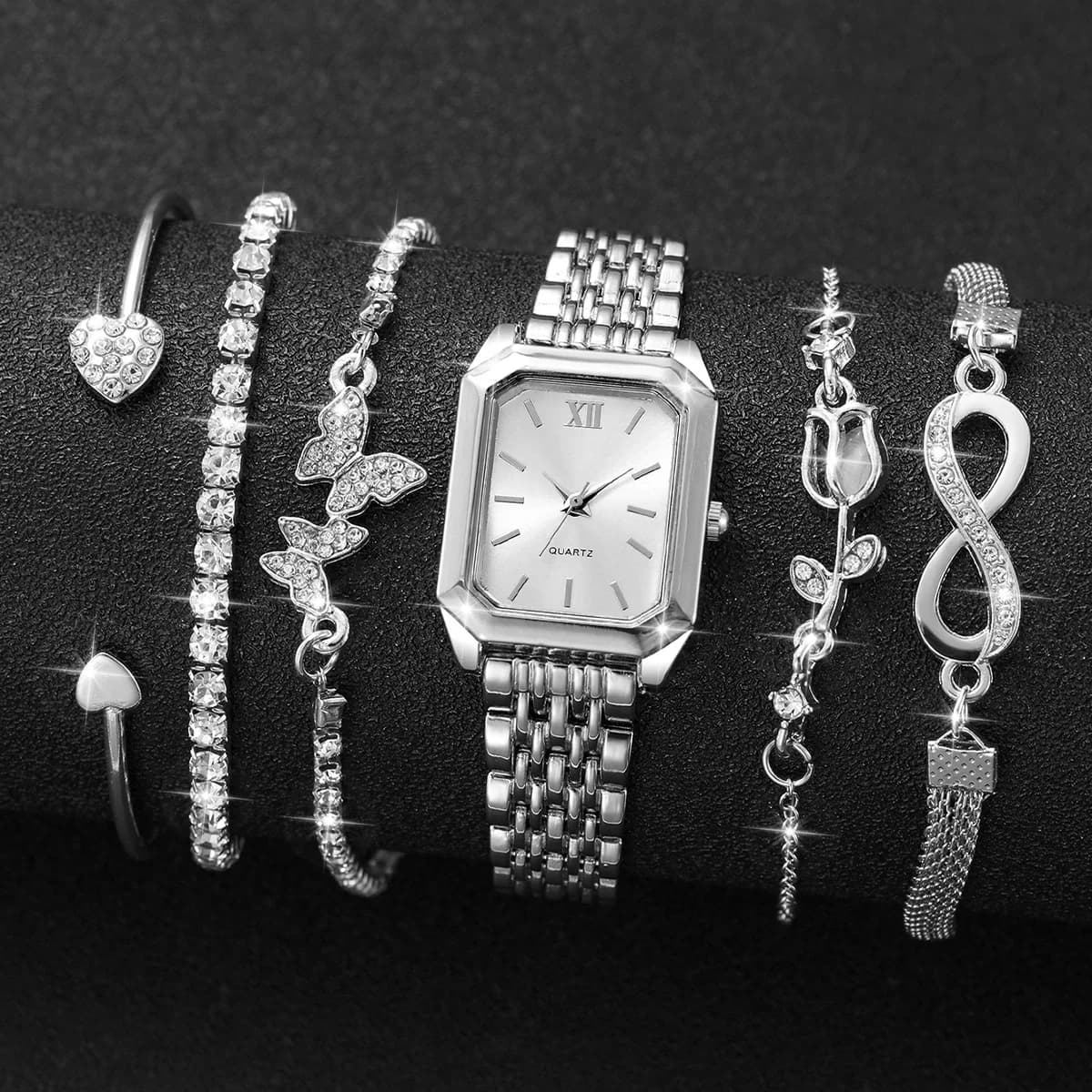 Elegant Silver Square Watch Set for Women 6Pcs/Set Quartz Wristwatch + 5 Rhinestone Bracelets Fashion Combo