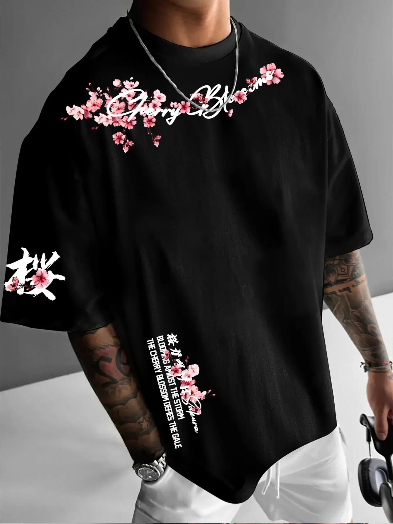Men's Cherry Blossom Graphic T Shirt 100% Cotton Japanese Character Floral Letter Print Asian Vintage Streetwear Summer Tee