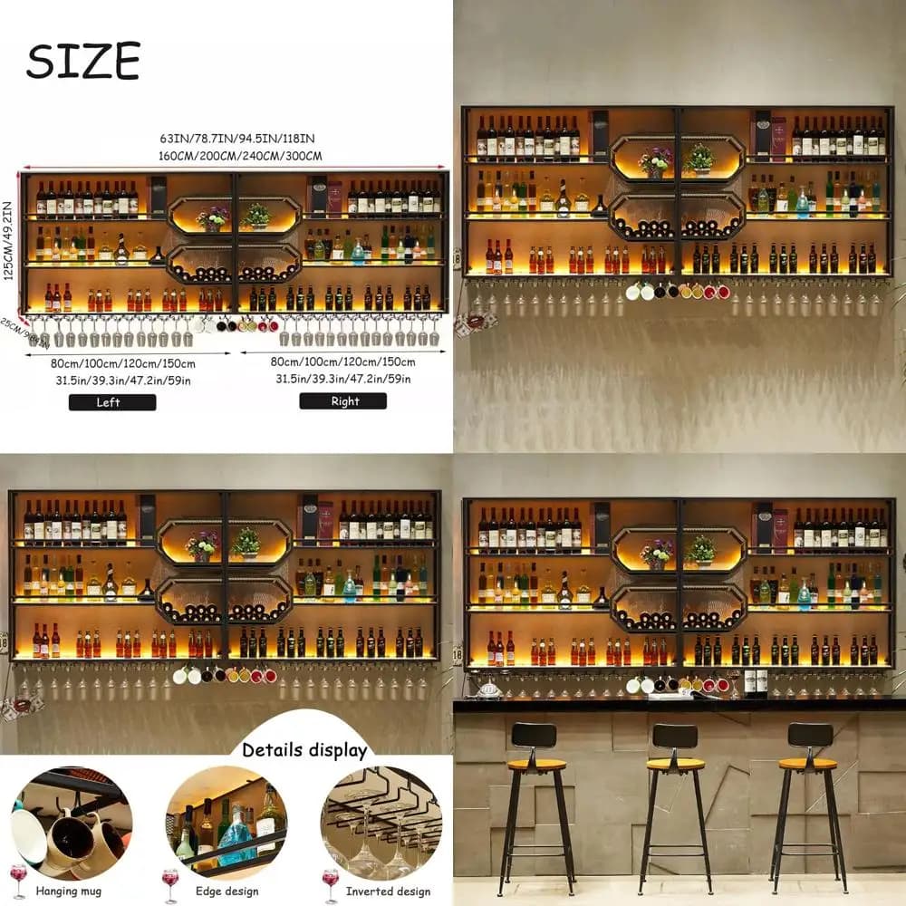 Portabottiglie da Parete Grande da 118 Pollici, Espositore a 4 Livelli per Bottiglie di Liquori, Organizzatore per Bar Domestico e Sala da Pranzo