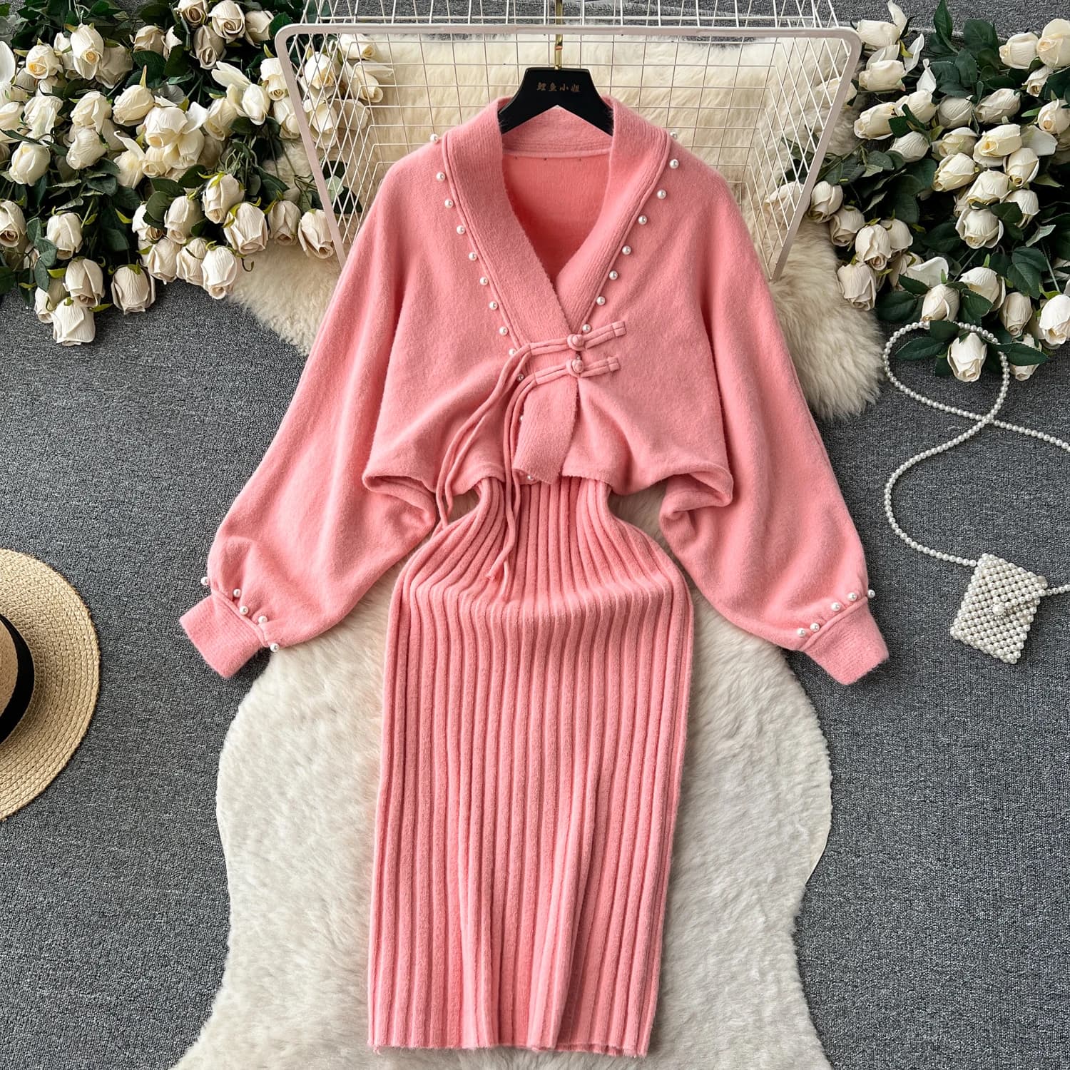 Chic vintage loose long sleeve korean fashion autumn winter women clothing pencil dress Two Piece Set