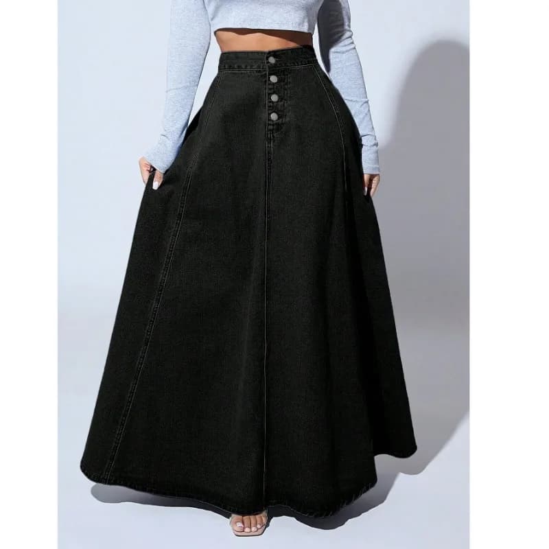 plus Size Women's Black Denim Long Skirt High Waist Single Button Flared Vintage Slimming Fashionable Versatile Mini Skirt